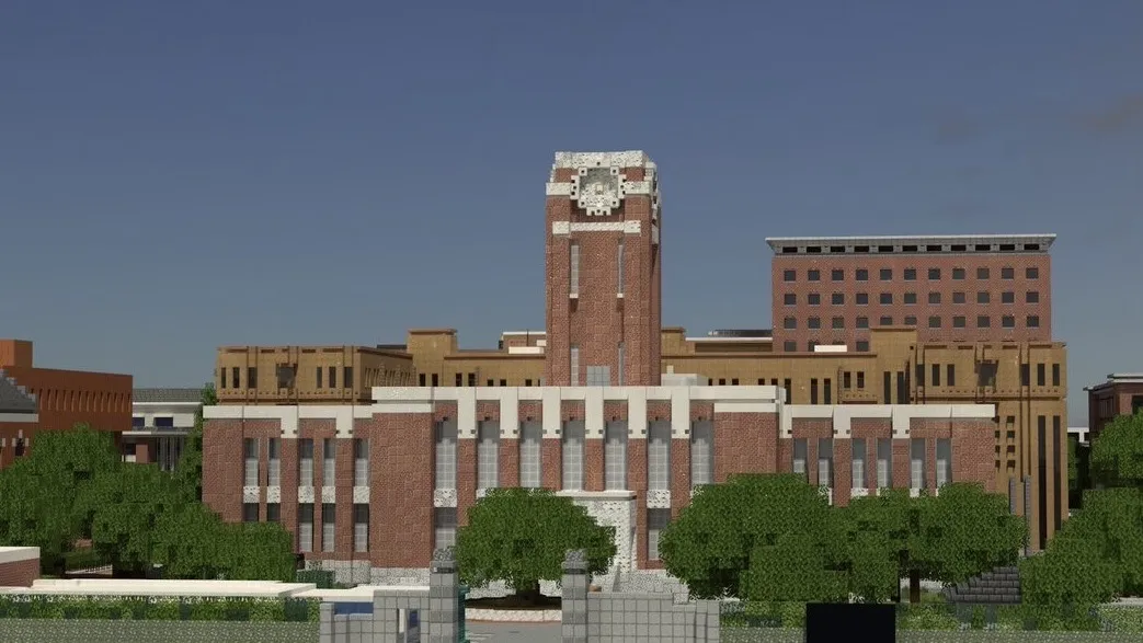 Minecraftで再現した京都大学の時計台と広場